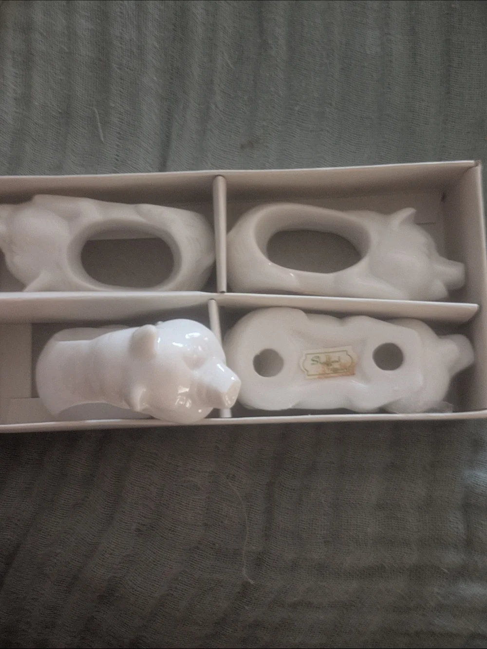 Antique Shaffer Pig Shape Napkin Ring Set - White Ceramic